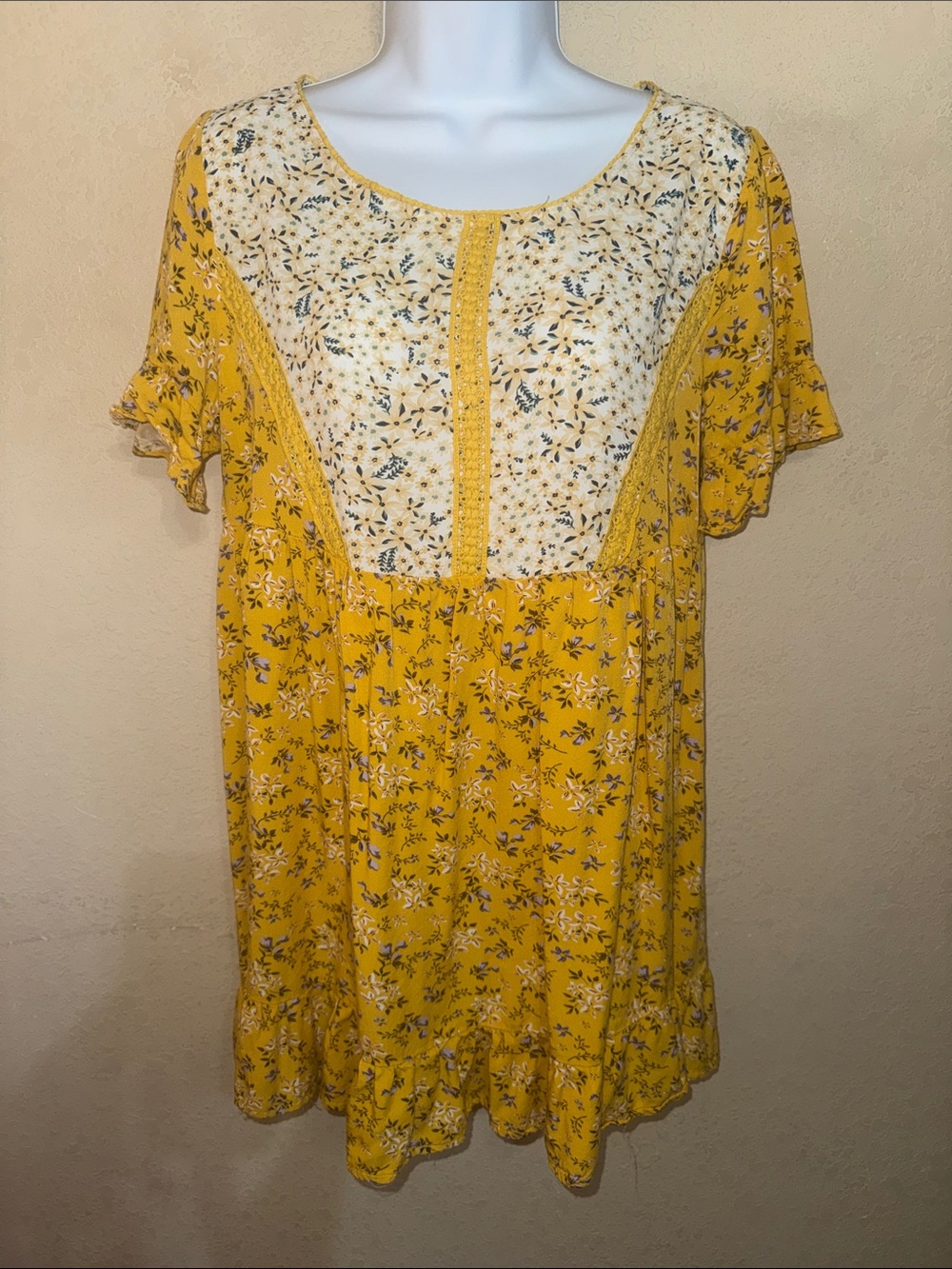 Umgee Yellow Floral Contrast Yoke Dress
